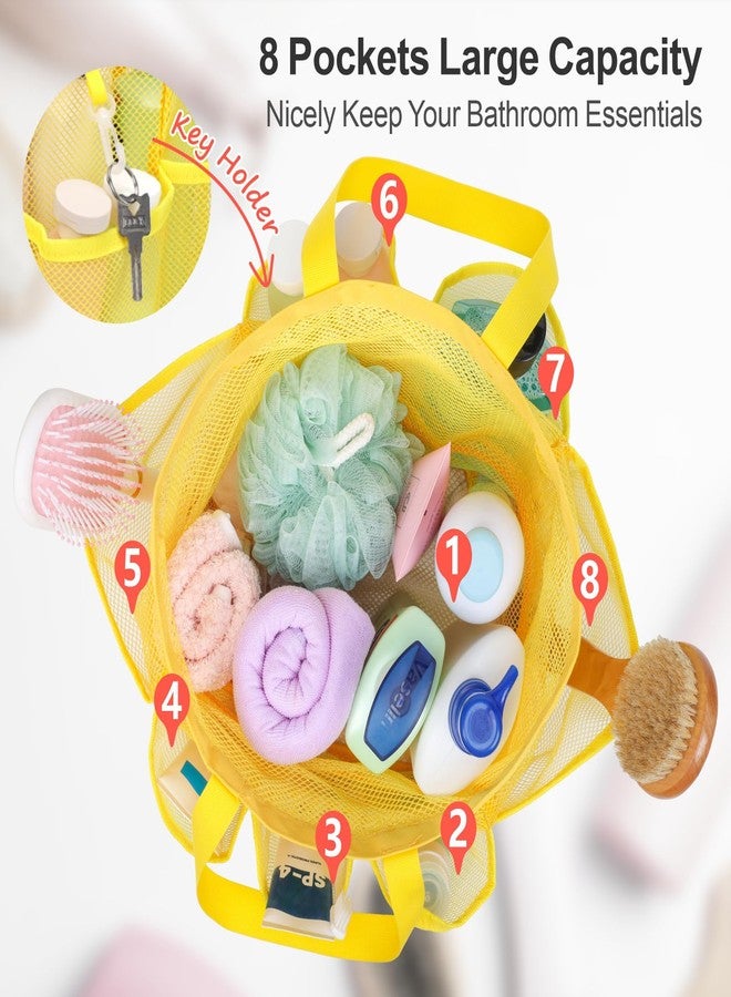 F-color Mesh Shower Caddy Portable with Drawstring - Upgrade Deeper 7 Pockets Dorm Room Essentials for Guys Girls with S Hook, Shower Bag Basket Tote for College Camping Toiletry Bathroom, Yellow - Image 2